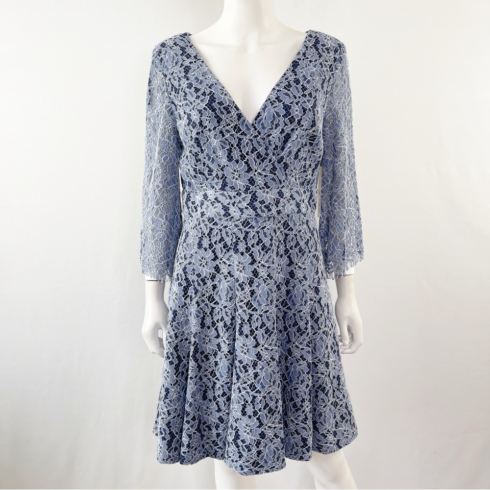 Eliza J Dress Blue Lace A-Line 3/4 Sleeve V-Neck Knee Length Size 10 New